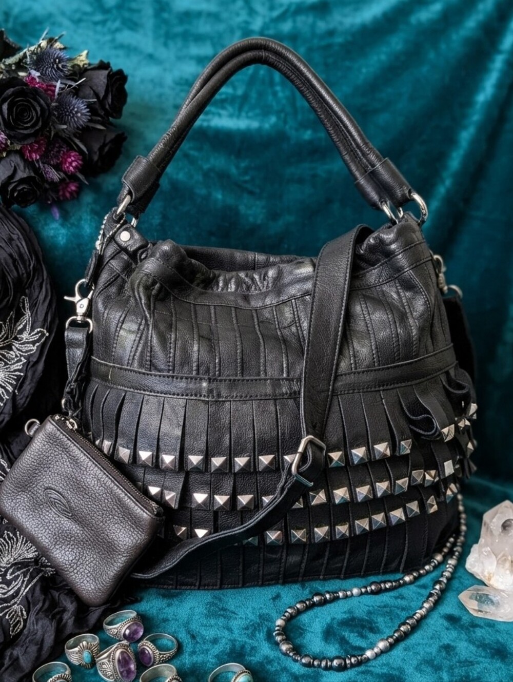 Luxe Lambskin Leather Silver Studded Fringe Shoulder Bag w/Matching Coin Pouch - Picture 14 of 15